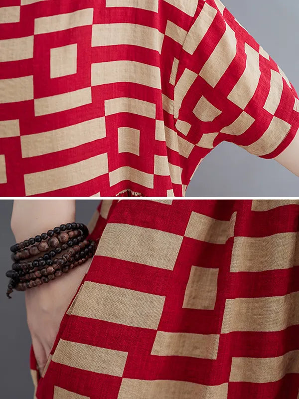Loose Short Sleeves Plaid Round-neck Midi Dresses
