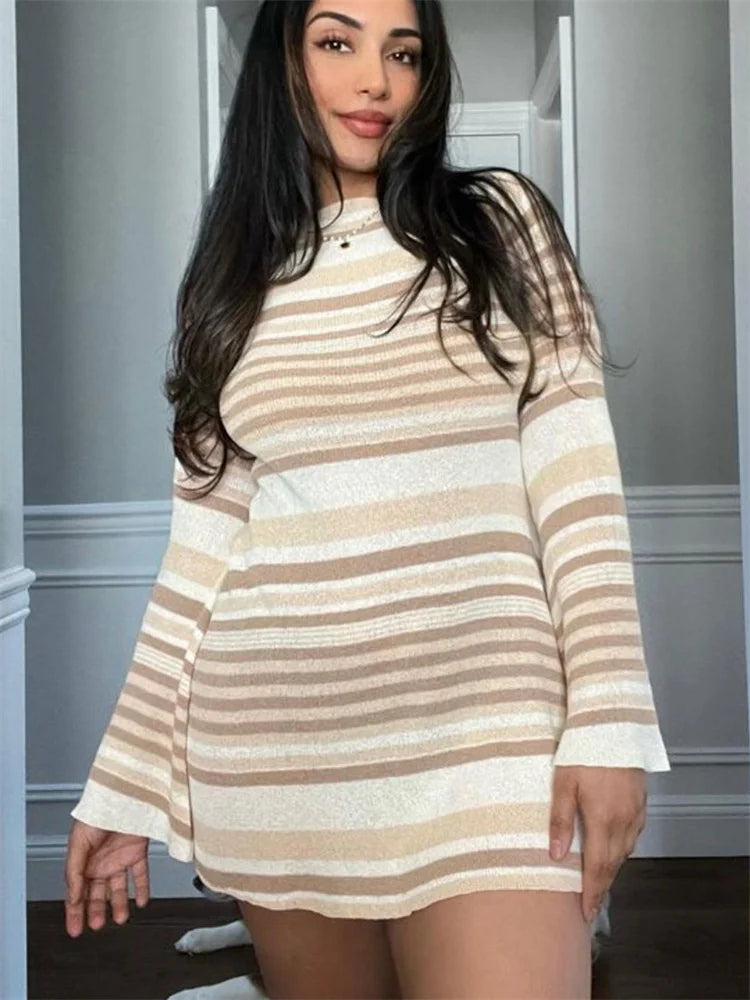 Backless Striped Knitwear Mini Dress Lace-up Long Sleeve for Holiday Beach Summer Dress Slim Dress