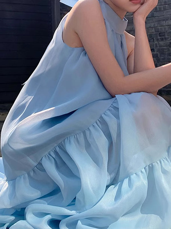 Loose Sleeveless Color Halter-neck Midi Dresses