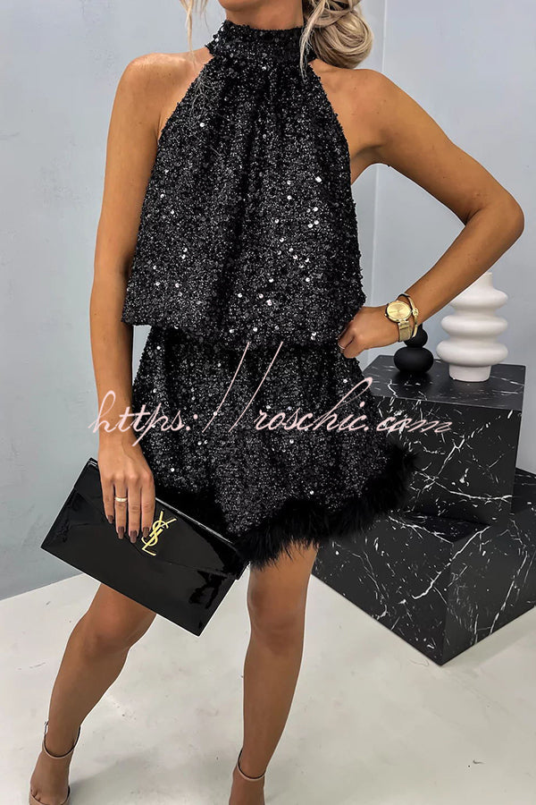 It's Time to Dance Sequin Feather Trim Halter Babydoll Mini Dress