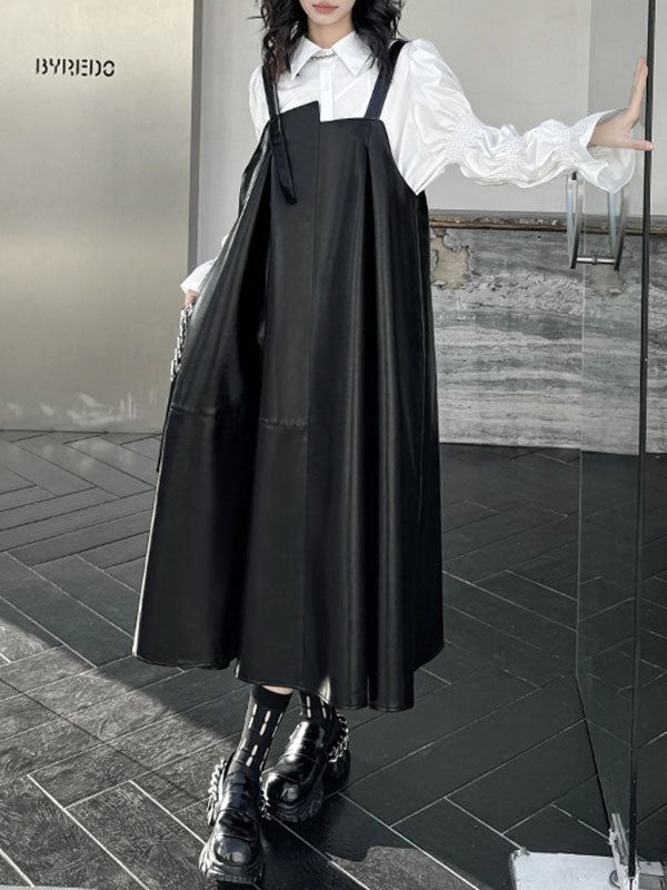A-line Loose Asymmetric Pleated Color Split-joint Square-neck Midi Dresses Slip Dress