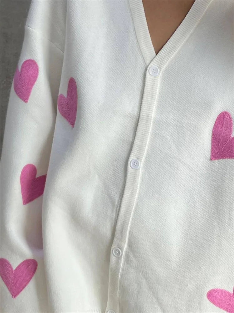 Knitted Cardigan Long Sleeve Loose Deep V Neck Sweater ’s Embroidery Heart Autumn Coat New