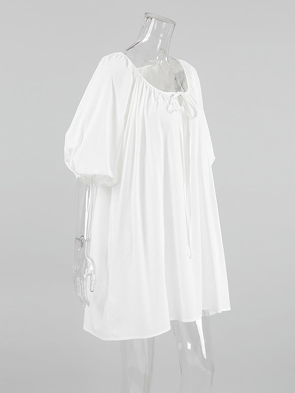 Loose Puff Sleeves Lace-up Pleated See-through Color V-neck Mini Dresses Sleep Dress