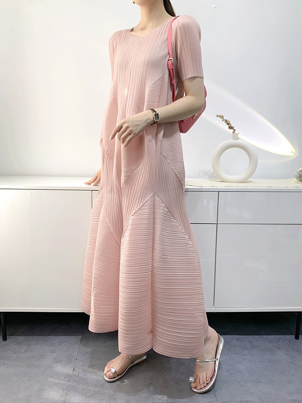 Loose Short Sleeves Pleated Color Split-joint V-neck Midi Dresses