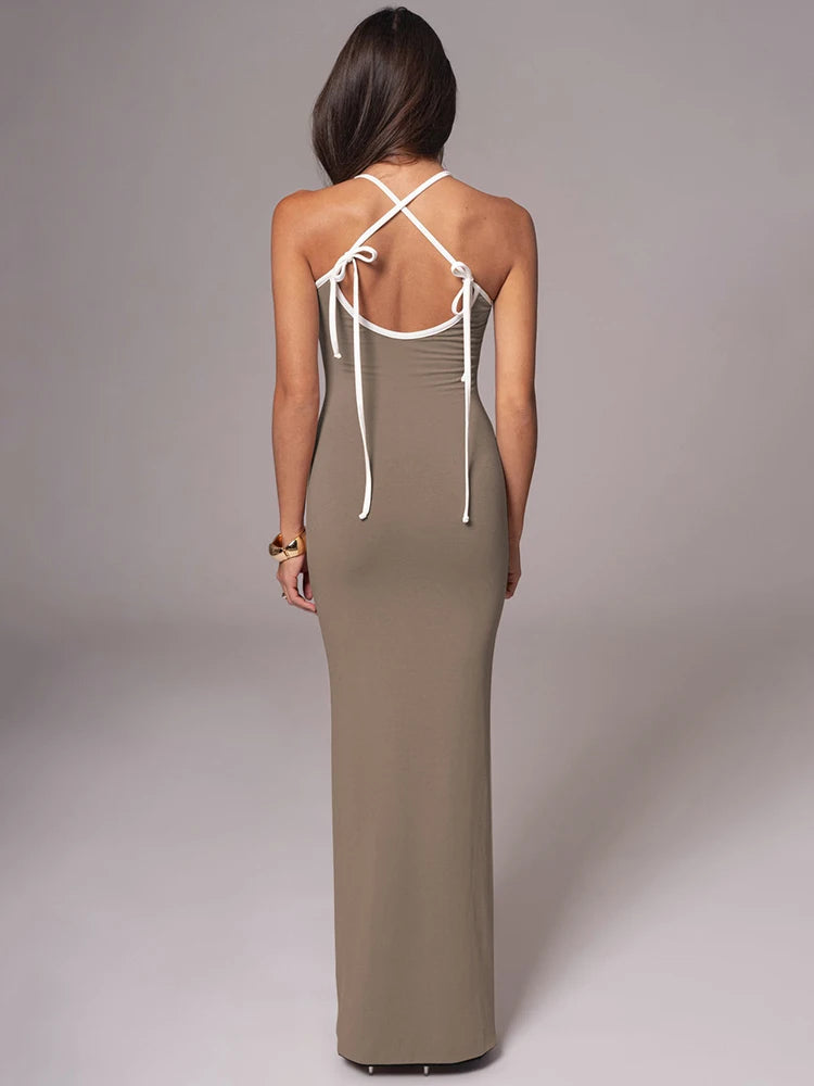 Spaghetti Strap Lace-up Maxi Dress for Gown Sleeveless Backless Bodycon Evening Long Dress