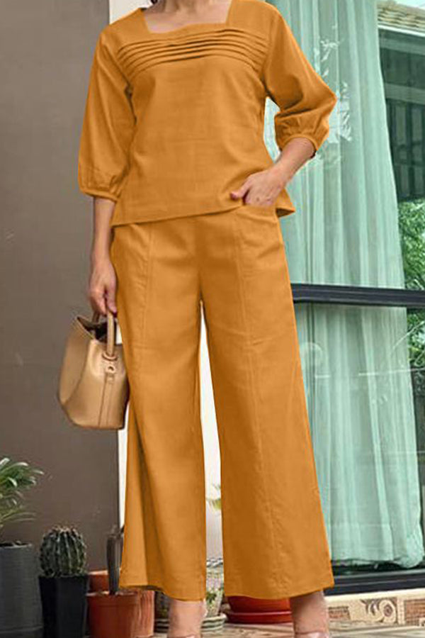 Loose Color Long Sleeved Top Wide Leg Pants Set