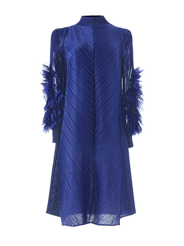 Long Sleeves Loose Embroidered Pleated Color Round-neck Midi Dresses