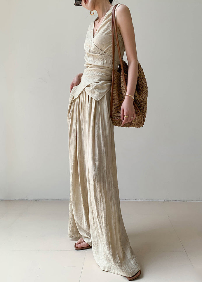 Boutique Apricot V Neck Wrinkled Linen Vest and Wide Leg Pants Two Pieces Set Summer An1025