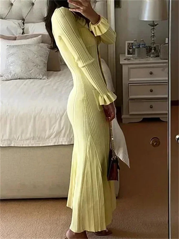 Ribbed Ruffled Knit Long Dress Female Pocket Cardigan Sweater Long Sleeve Party Dress ’s Knitwear Maxi Dress