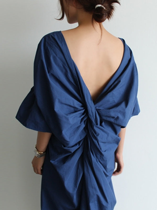Half Sleeves Loose Pleated Color V-neck Midi Dresses