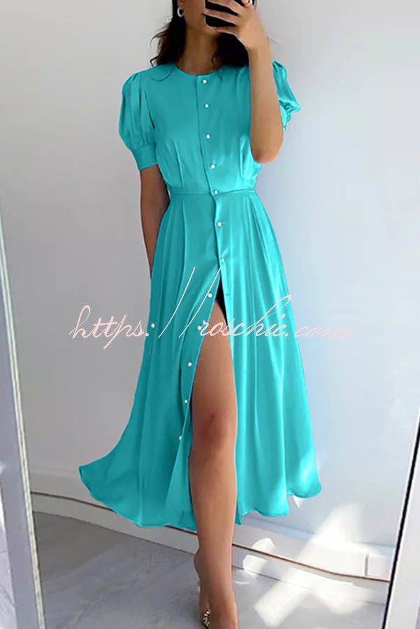 And Classy Vibe Puff Sleeve Pearl Button Slit Midi Dress