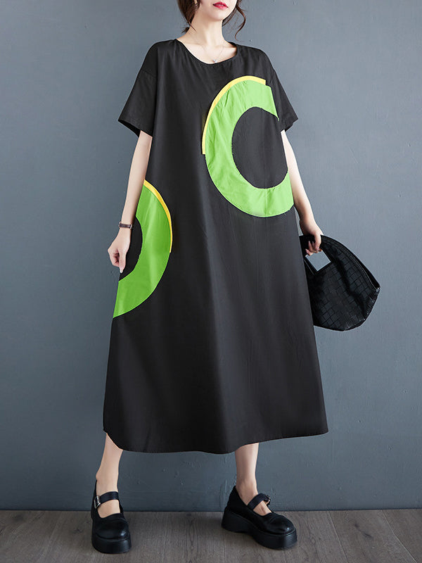 Loose Short Sleeves Contrast Color Pockets Printed Round-neck Midi Dresses