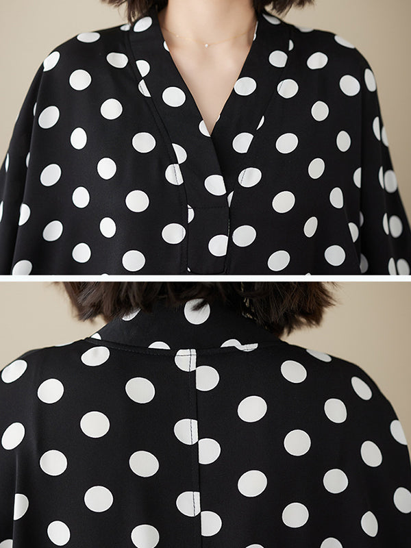 Loose Short Sleeves Polka-dot V-neck Midi Dresses