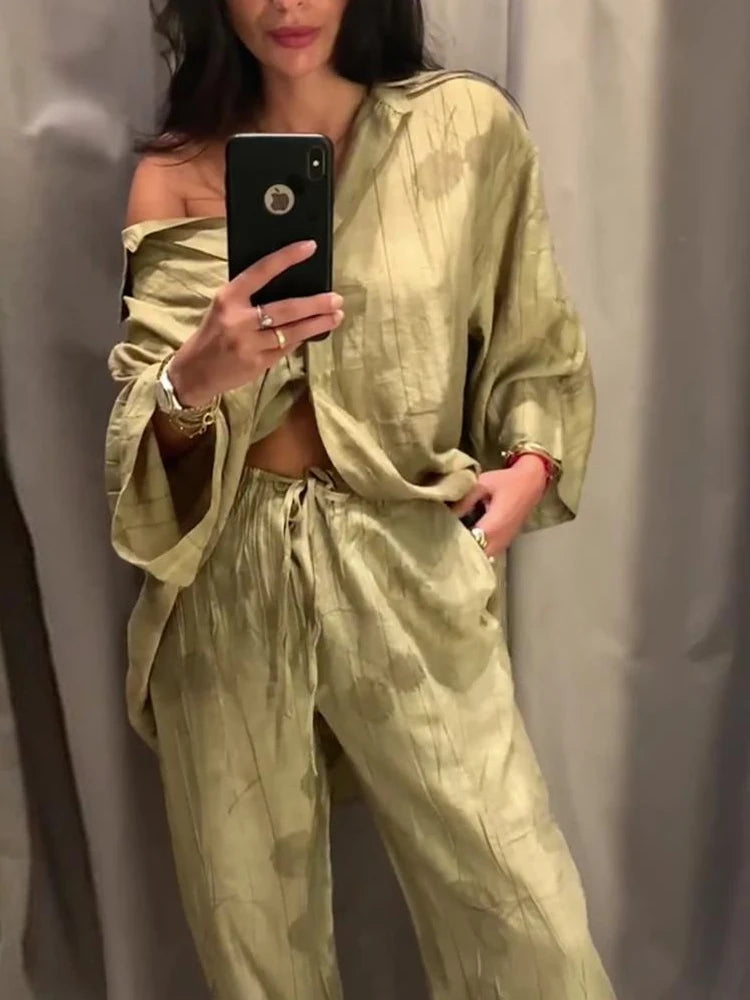 New Linen Tie-dye Print Long Pants Sets for Lapel Half Sleeve Single Breasted Shirts Drawstring Wide Leg Pant 2 Pieces Set