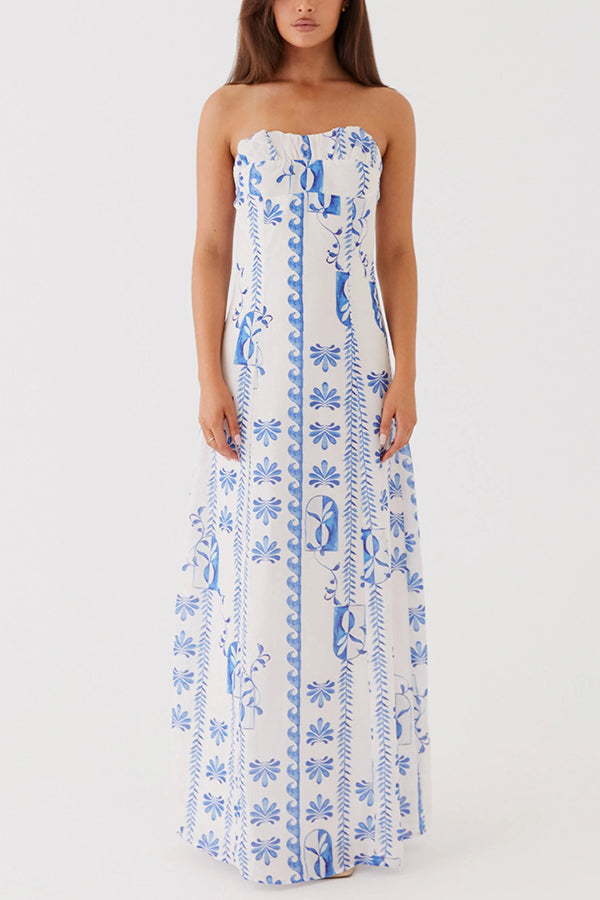 Freya Linen Blend Wave Print Ruched Bust Strapless Maxi Dress