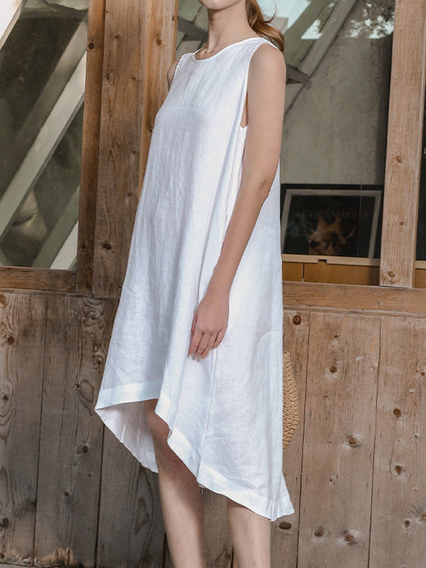 High-low Loose Color Round-neck Midi Dresses