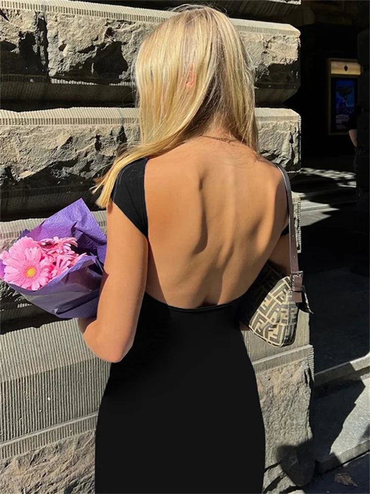 Hot Backless Black Dress – Sleeveless Patchwork High Waist Long Dress