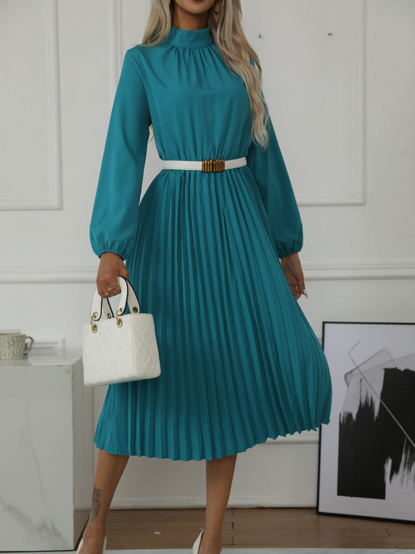 Long Sleeves Loose Buttoned Elasticity Hollow No Belt Pleated Color High Neck Midi Dresses