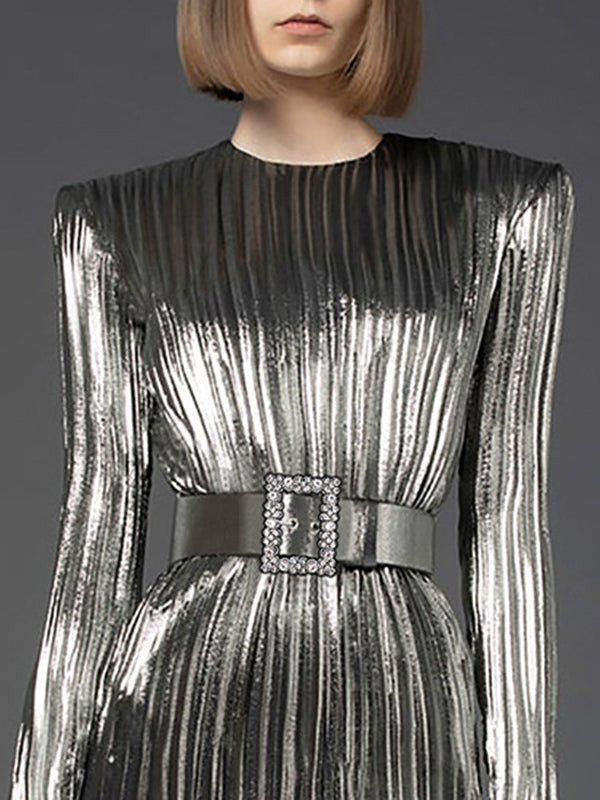 A-line Flared Sleeves Belted Pleated Color Round-neck Mini Dresses