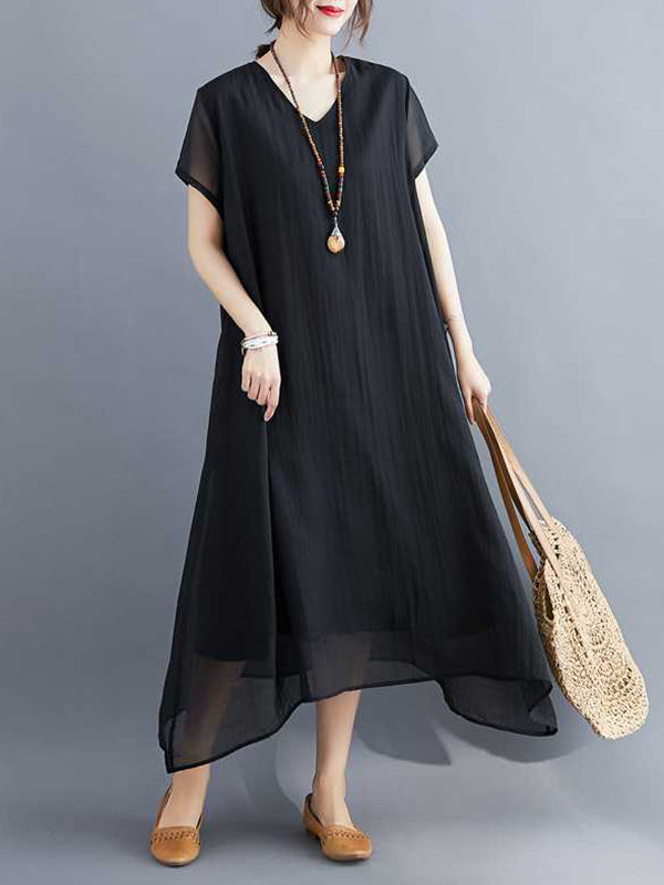 A-line Loose Color V-neck Midi Dresses