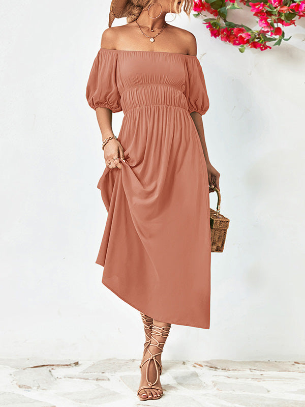 Loose Short Sleeves Color Off-the-shoulder Midi Dresses