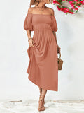 Loose Short Sleeves Color Off-the-shoulder Midi Dresses