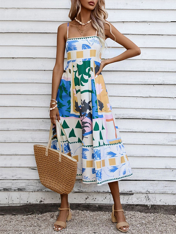 High Waisted Sleeveless Pleated Printed Split-joint Collarless Midi Dresses Slip Dress
