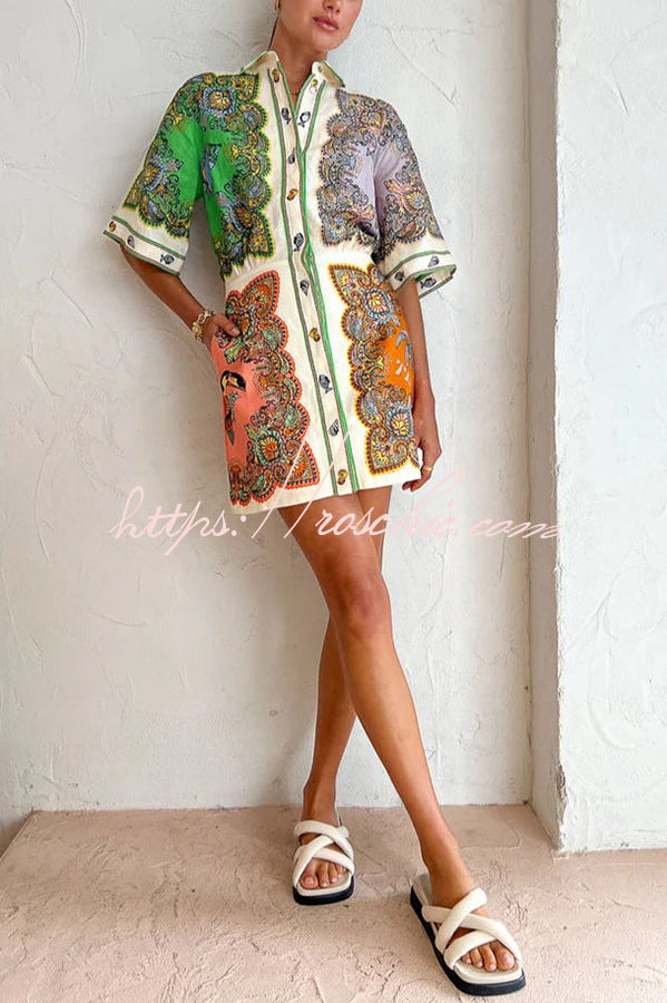 Coco Mermaid Print Button Down Pockered Shirt Mini Dress