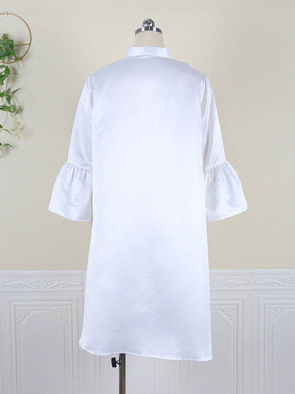 Urban Buttoned Color Stand Collar Flared Sleeve Loose Midi Dress