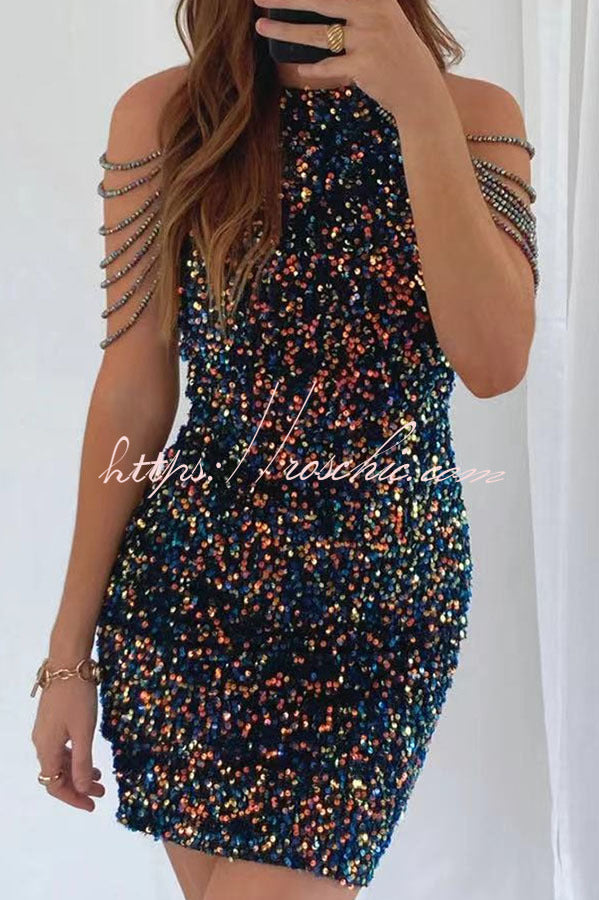 Looking at the Glamorous View Sequin Tassel Shoulder Cocktail Mini Dress