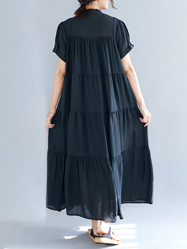 Loose Split-joint Pleated Short Sleeves Round-neck Midi Dress