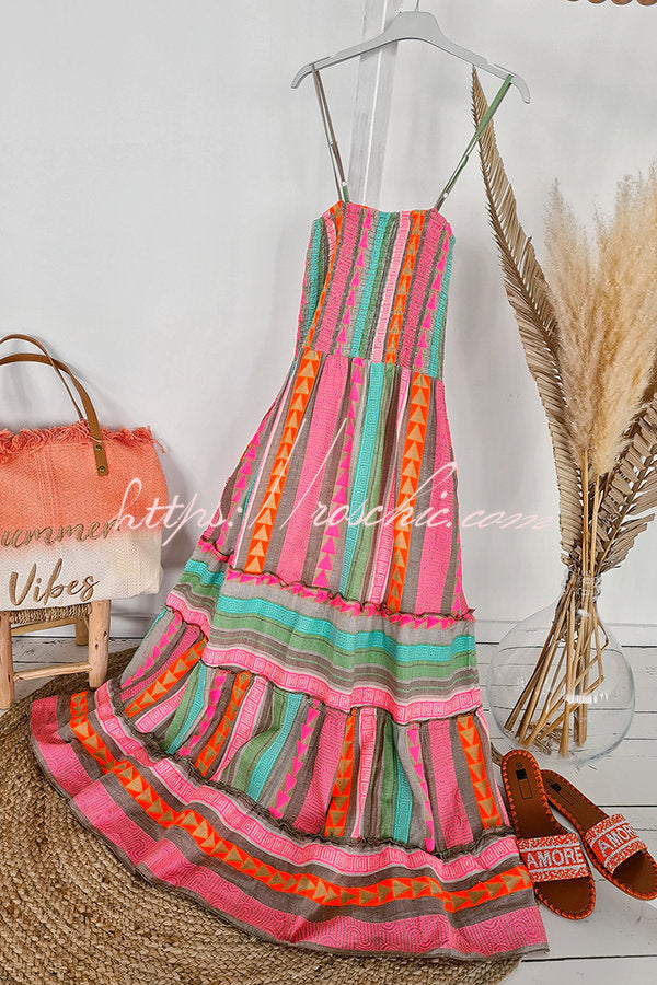 Plenty of Sunshine Linen Blend Print Smocked Cami Midi Dress