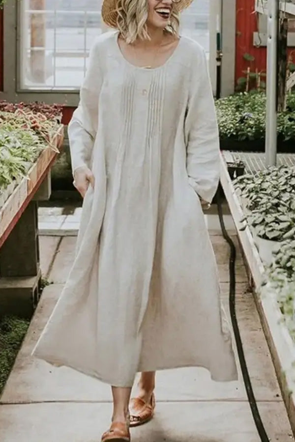 Round Neck Loose Color Long Sleeve Maxi Dress