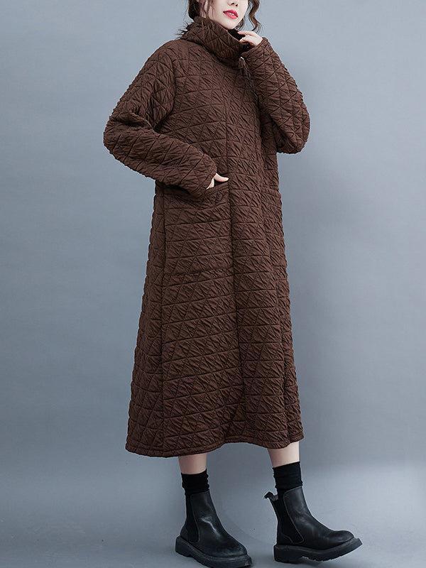 Long Sleeves Loose Color Textured High-neck Cotton Padded Midi Dresses