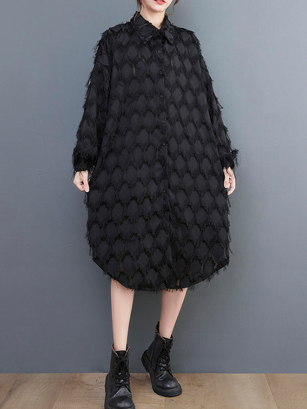 Stylish Long Sleeves Loose Tasseled Color High-neck Midi Dresses