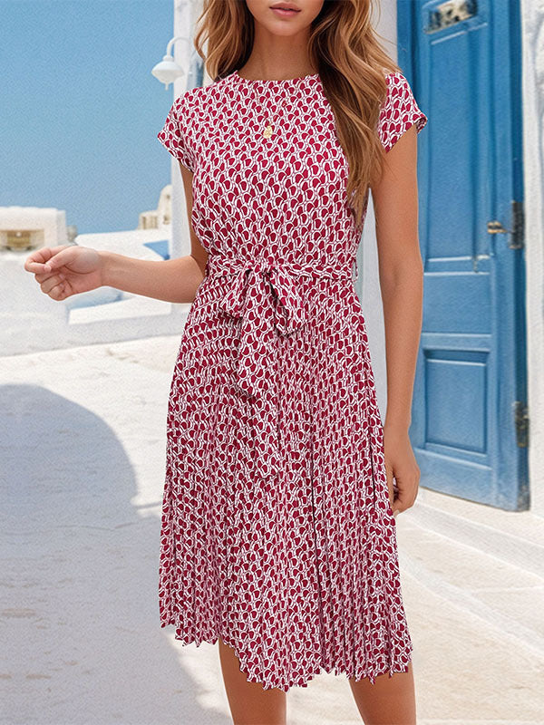 Loose Raglan Sleeve Printed Tied Waist Round-neck Midi Dresses