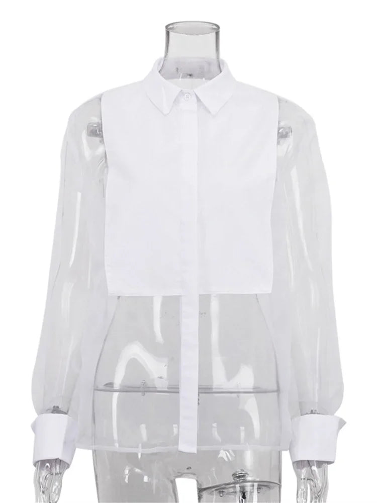 Mesh See-through Shirts Patchwork Sheer Lapel Crop Top Long Sleeve High Waist Female Blouse