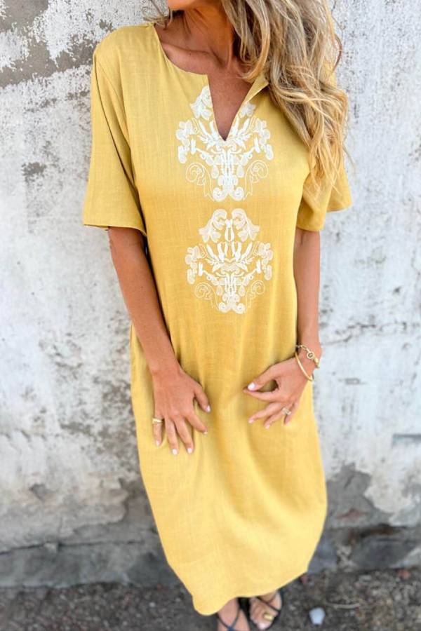 Print Linen Loose Midi Dress
