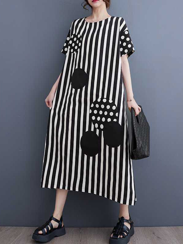 Loose Short Sleeves Polka-dot Striped Round-neck Midi Dresses