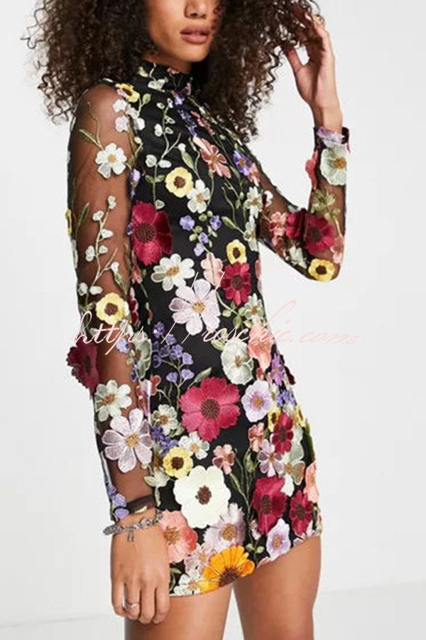 Elegantly Enchanted Applique Backless Long Sleeve Mini Dress