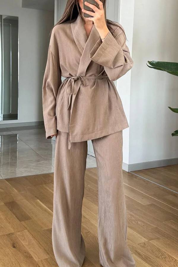 Color Lappel Top & Pants Two-piece Set