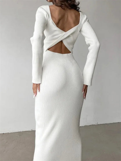 Knitwear Ribbed Hollow Out Long Dress – ’s Twist Long Sleeve Patchwork Maxi Dress