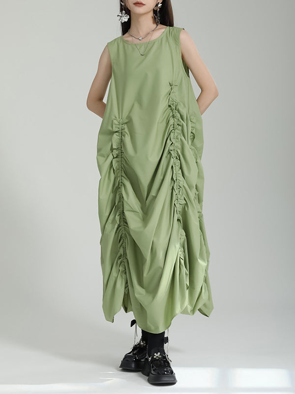 Loose Sleeveless Asymmetric Elasticity Pleated Color Round-neck Midi Dresses