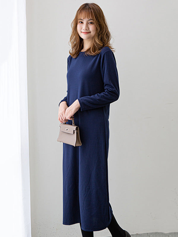 Simple Color Round-neck A-line Midi Dress