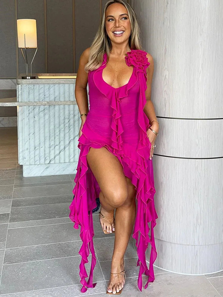 Lace Deep V Neck Mini Dress for Summer Mesh Flower Backless Bodycon Vestido ’s Party Tassel Dresses Woman