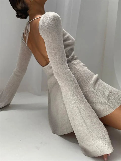 Backless Striped Knitwear Mini Dress Lace-up Long Sleeve for Holiday Beach Summer Dress Slim Dress