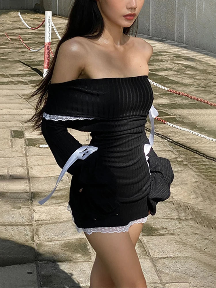Lace Splice Mini Dress for Bandage Off the Shoulders Slim Ribbing Dresses Bodycon Dress Woman