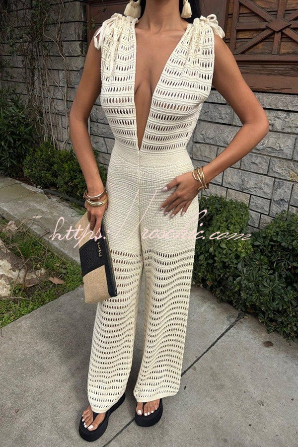Color Knitted V-neck Holiday Hollow Jumpsuit