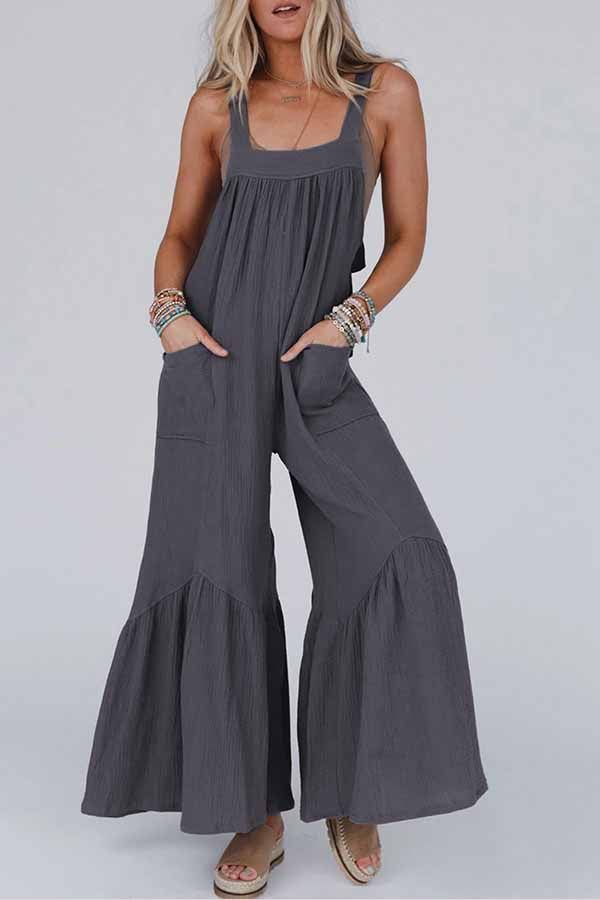 Grey Color Sleeveless Flare Leg Jumpsuit With Pockets