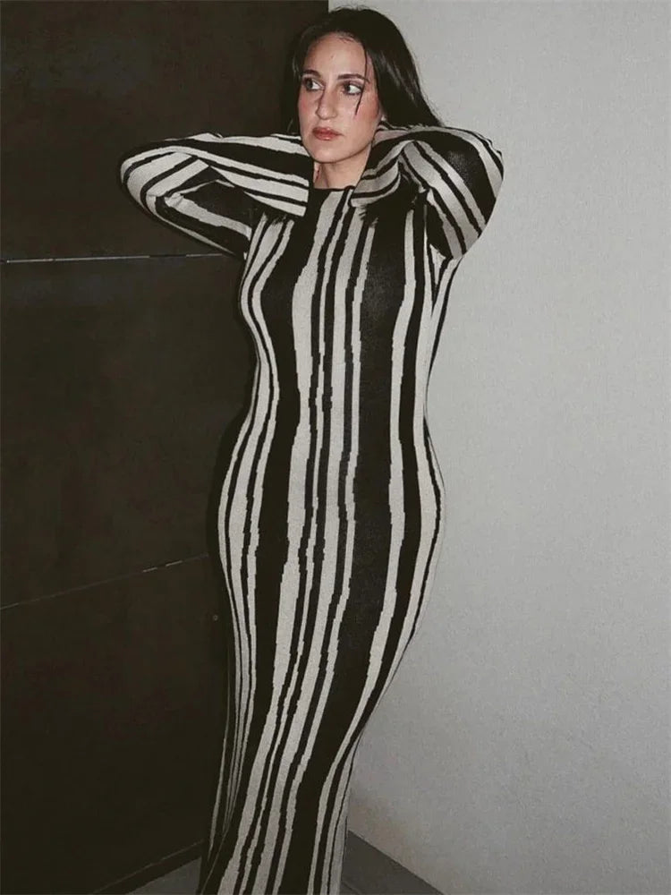 Knit Striped Wrap Dress for Contrast High Street Slim Long Dress Pullover Knitwear High Waist Dress